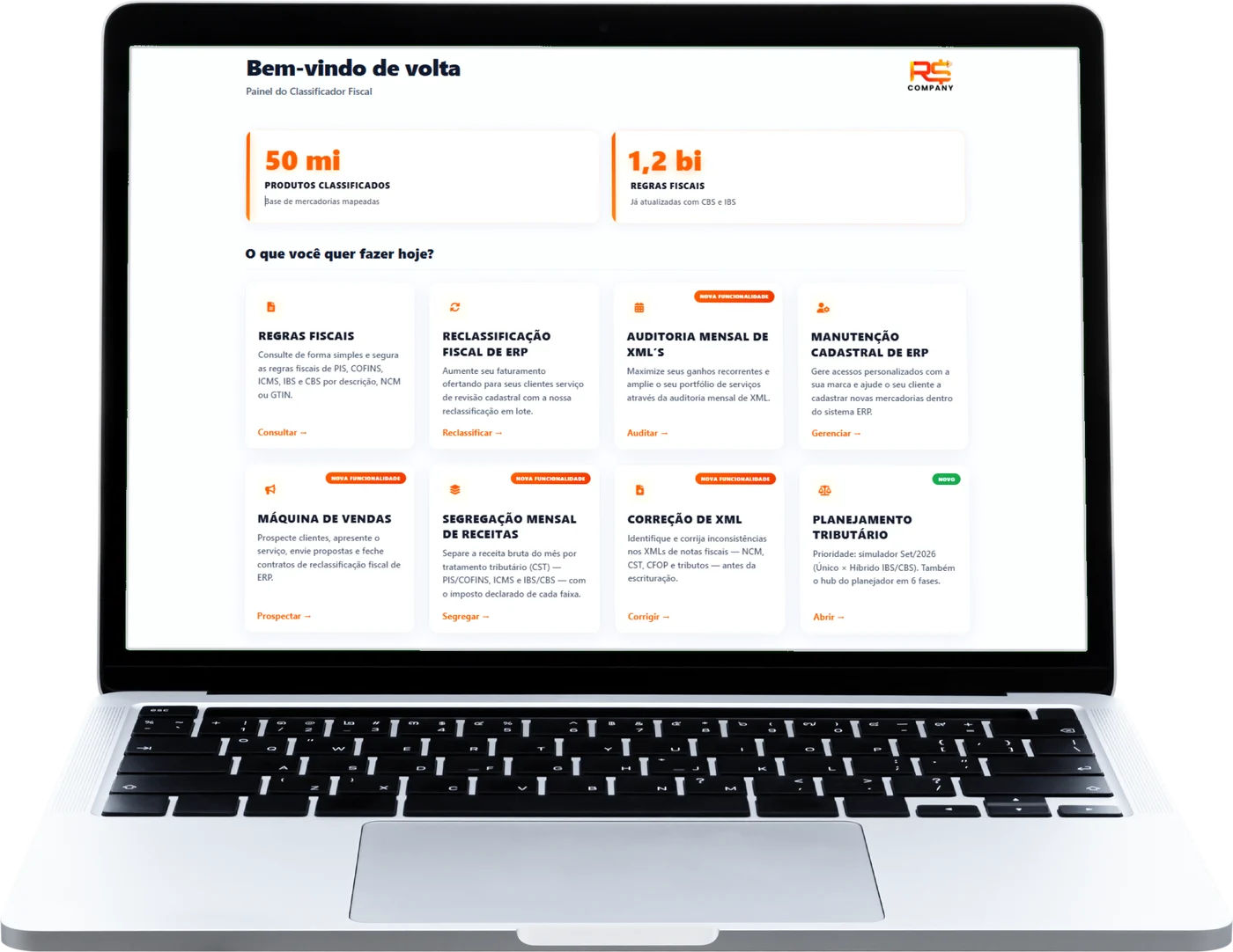Notebook exibindo o painel do Classificador Fiscal com regras fiscais, reclassificação de ERP, auditoria mensal de XML, máquina de vendas e segregação de receitas