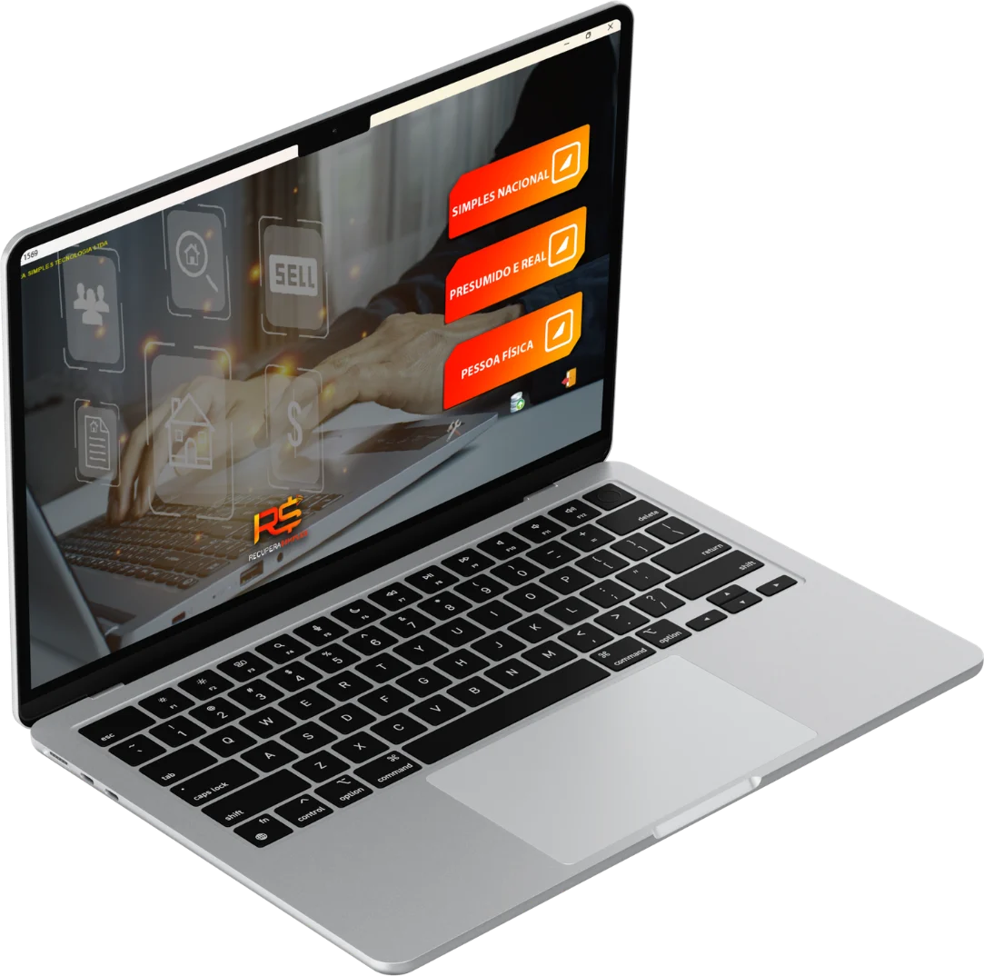 Notebook exibindo o painel do Recupera Simples com os regimes Simples Nacional, Presumido e Real e Pessoa Física